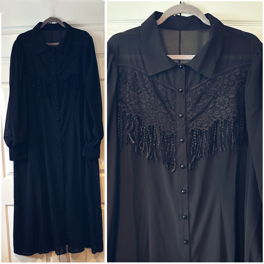 NWOT FLOOR LENGTH SHEER FRINGE BUTTON UP DRESS